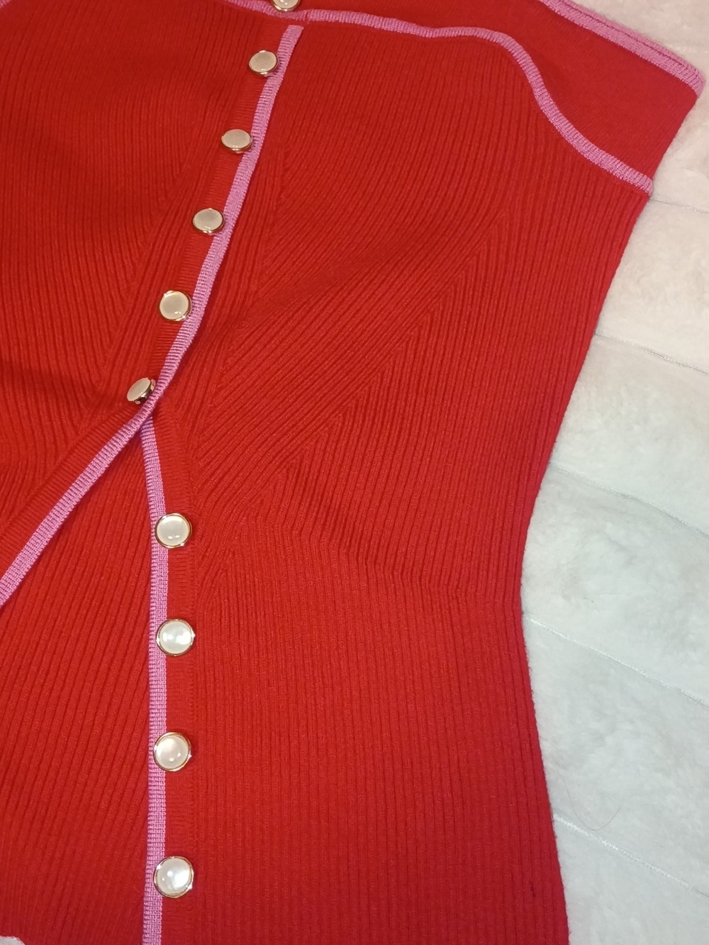 Red Strapless Ribbed Button-Front Top - Picture 2 of 5